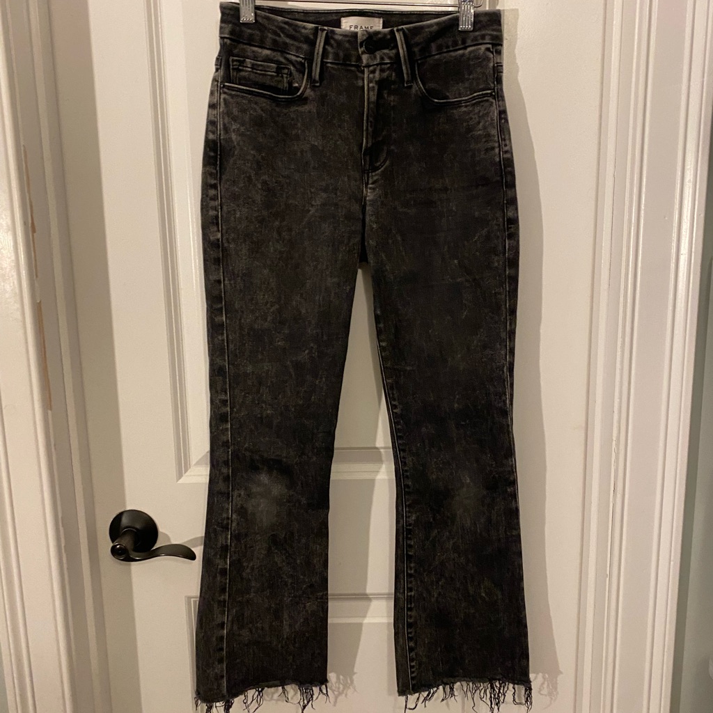 Frame Le Crop Mini Boot Black Washed Frayed-Hem Jeans